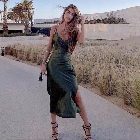 Zara Green Satin Effect Slip Draped Lingerie Style Dress Size S Small - Picture 3 of 10